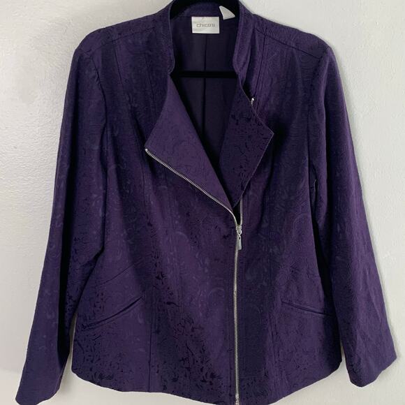 Chico's Size 2 US L Asymmetrical Zip Jacquard Jacket Eggplant Purple Lined - Picture 3 of 11